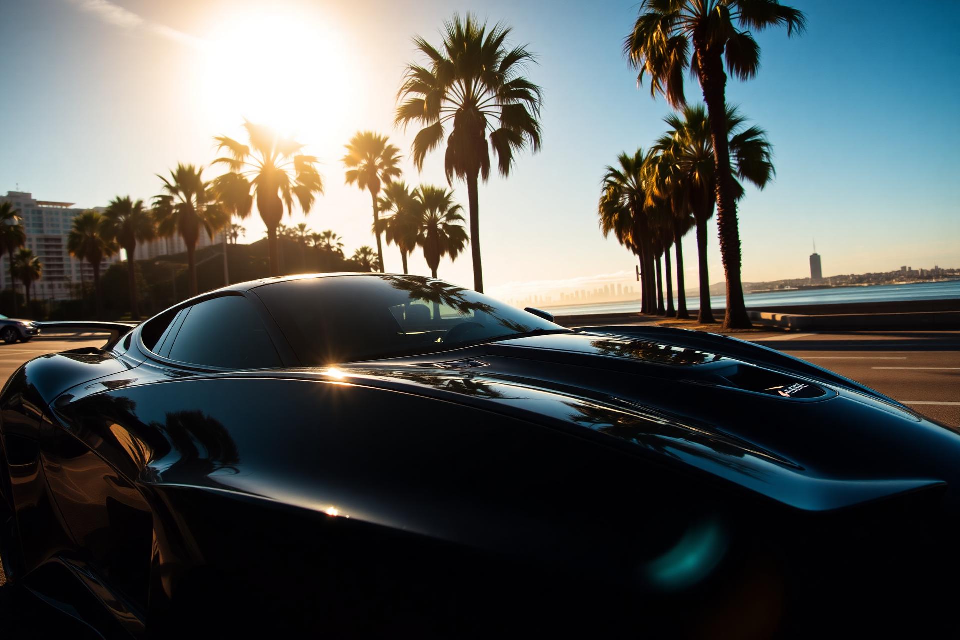 Glossy black sports car at sunset on a Los Angeles street with palm trees